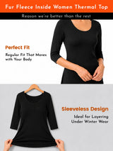 Women Thermal Top with Fur Fleece Inside and Three Quarter Sleeves, High Warmth Winter Innerwear - Pack of 1
