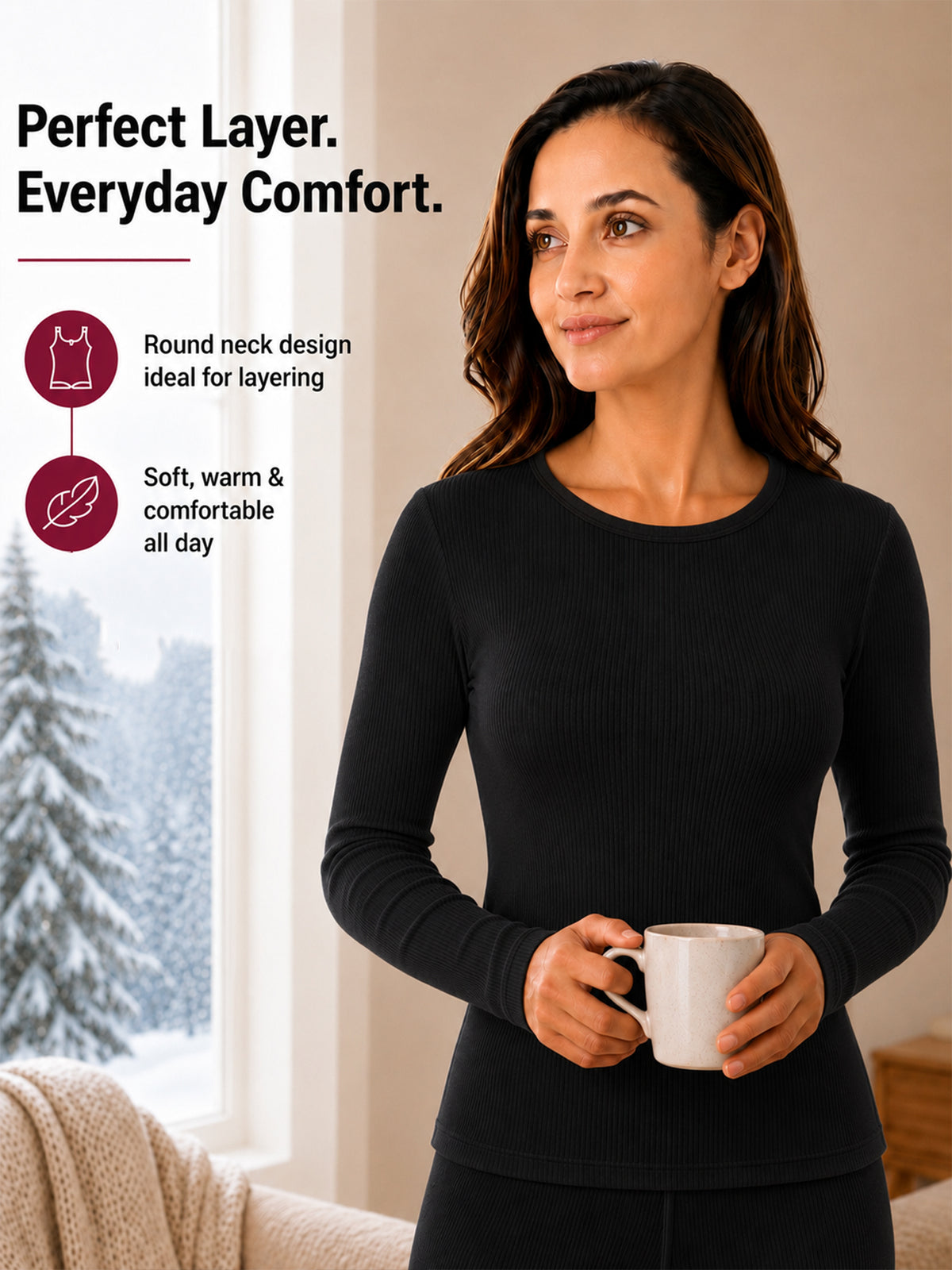 Women Thermal Top with Round Neck and Full Sleeves for Winter Layering, Everyday Warmth and Cold Weather Comfort