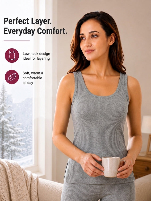 Women Cotton Antibacterial Sleeveless Thermal Top with Round Neck Regular Fit for Winter Layering Comfort - Pack of 1
