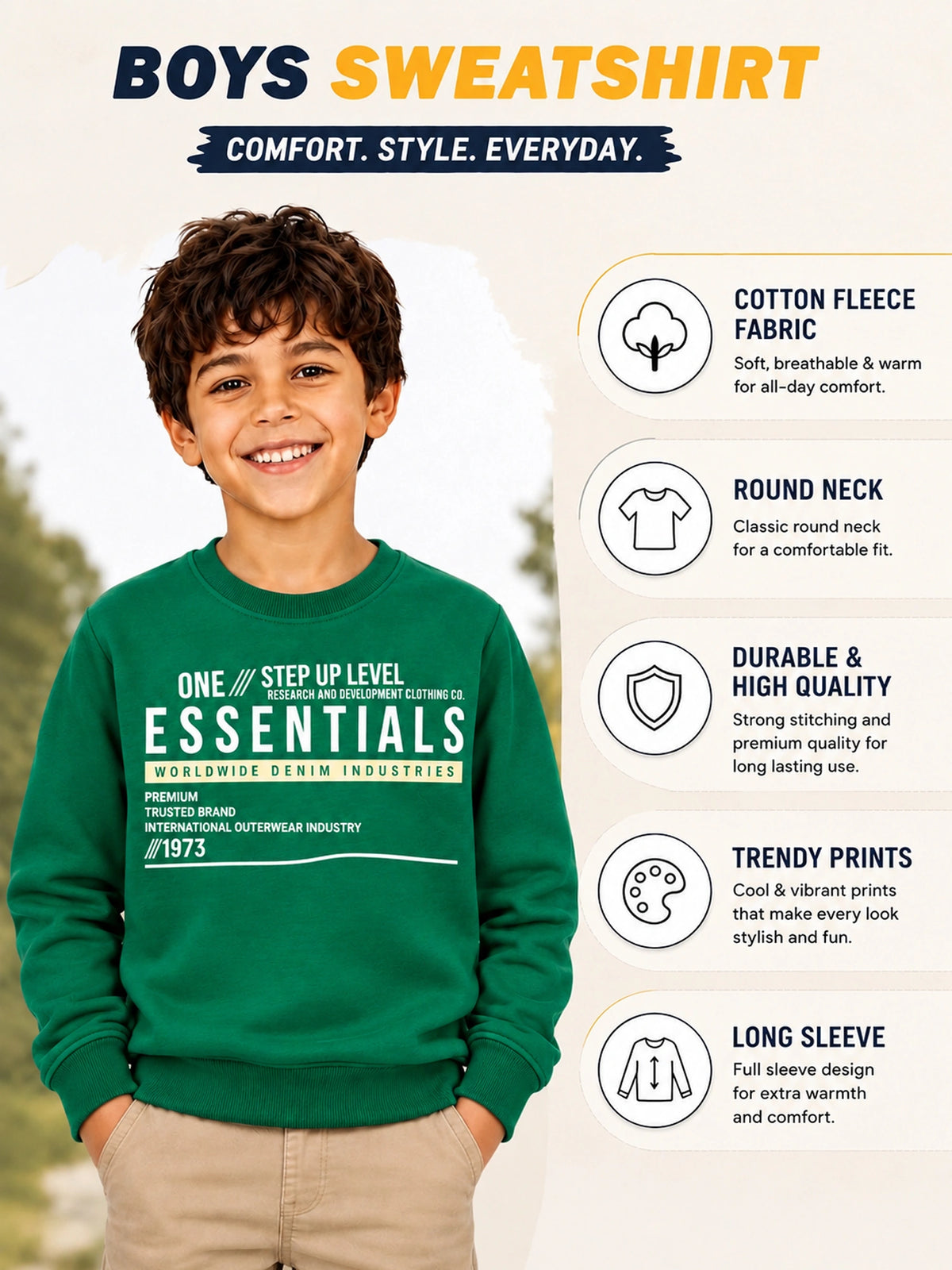 Boys Round Neck Full Sleeves Sweatshirt for Casual Wear, Lounge Comfort, Easy Movement and Regular Wardrobe Use