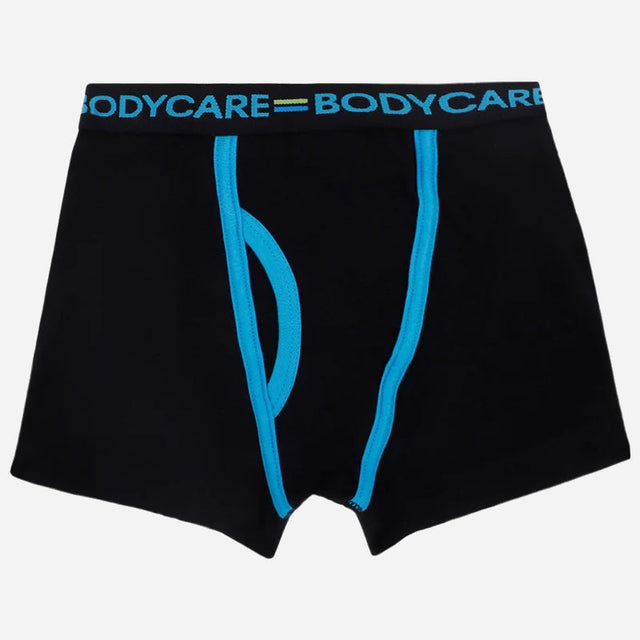 Black kids boxer brief with blue trim and elastic waistband, comfortable innerwear