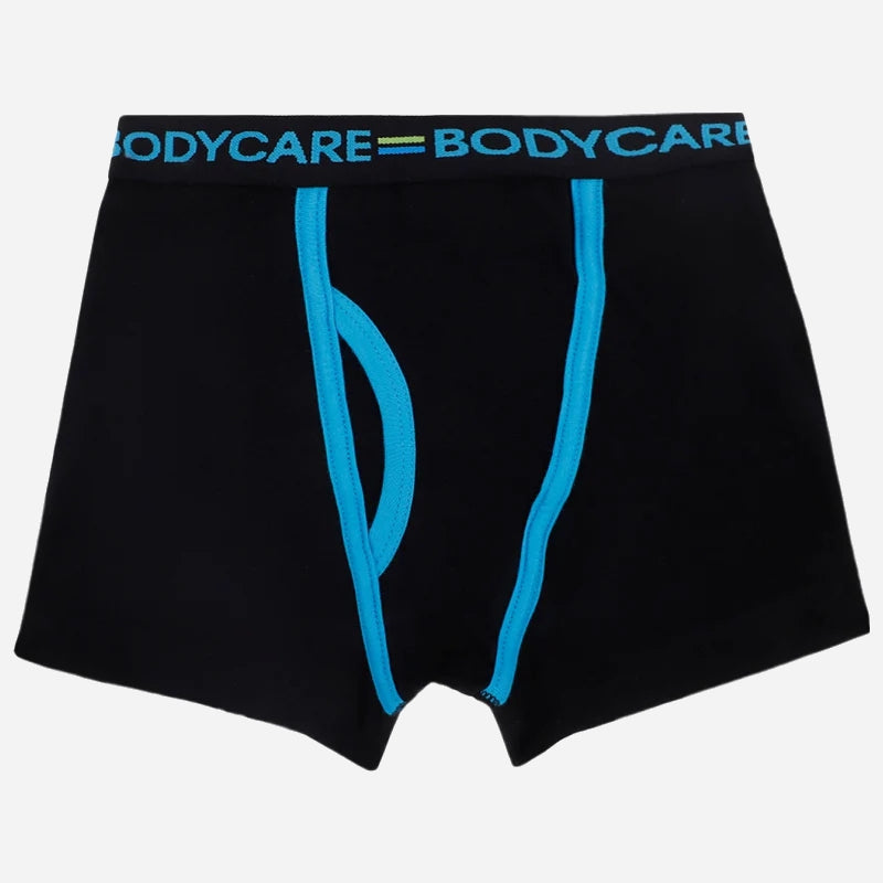 Black kids boxer brief with blue trim and elastic waistband, comfortable innerwear
