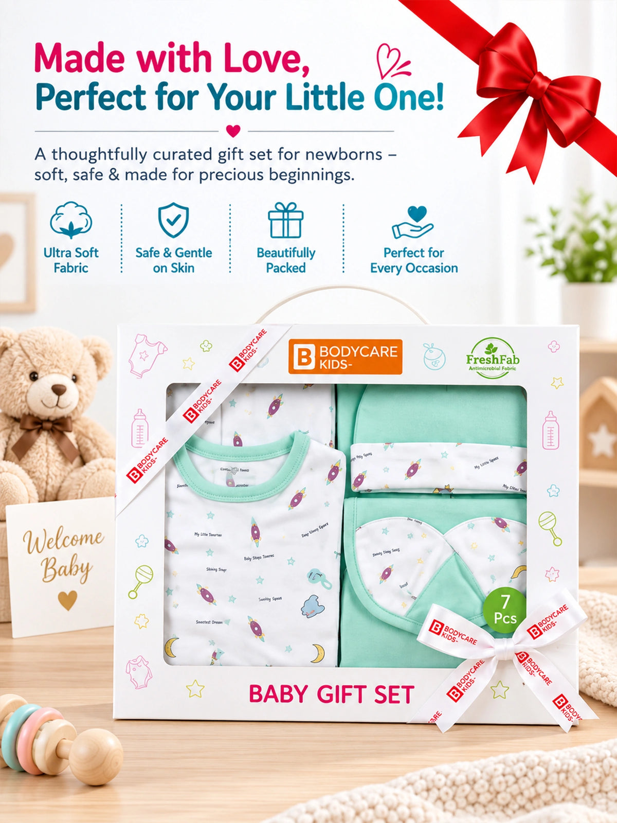 Bodycare Newborn Baby Gift Set for Boys & Girls, Cotton Clothing Set, Hospital Ready Combo Gift Hamper (7 Pcs, 0-6 Months)