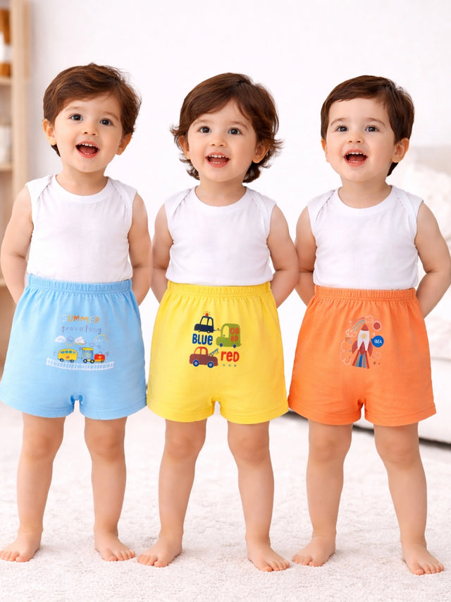 Baby 100% Cotton Trunk with Inner Elastic for Everyday Innerwear Comfort and Regular Use - Pack of 3