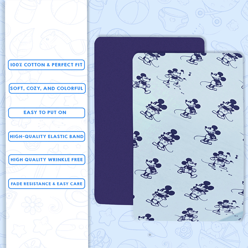 Bodycomfy 100% Cotton Hosiery Fitted Cot Sheet Pack of 2 -Disney Print and Royal Blue
