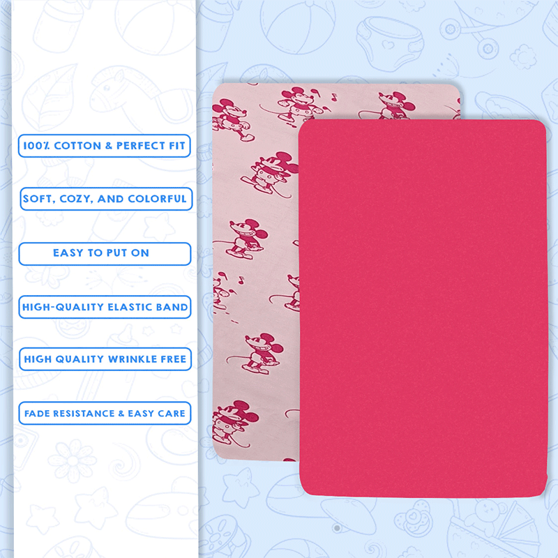 Bodycomfy 100% Cotton Hosiery Fitted Cot Sheet Pack of 2 - Disney Print and Hot Pink