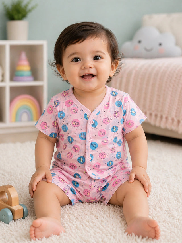 Baby 100% Cotton Spandex Front Open Short Suit with Half Sleeves for Easy Dressing and Everyday Comfort