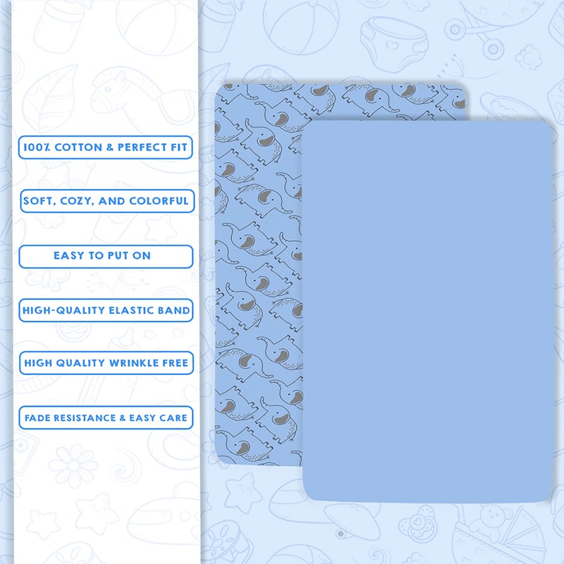 Bodycomfy 100% Cotton Hosiery Fitted Cot Sheet Pack of 2 - Solid Blue and Elephant Print