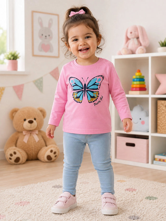 Baby Girls Shoulder Open T-Shirt Full Sleeves Casual Wear Top for Easy Dressing, Playtime and Regular Use