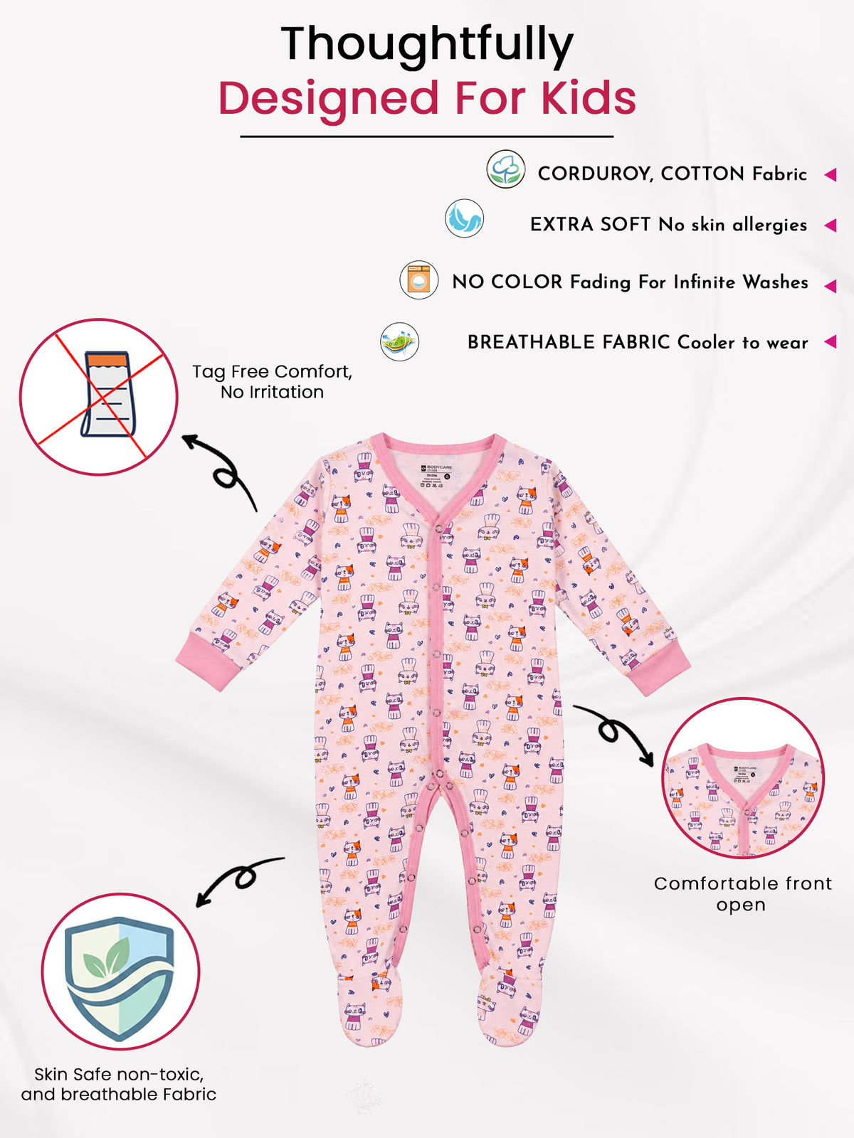 Unisex Baby Full Sleeve Front Open Romper in 100% Cotton for Sleepsuit Comfort, Easy Changing and Everyday Babywear