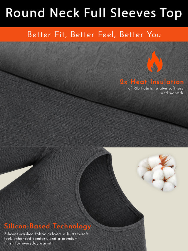 Men Round Neck Full Sleeves Thermal Top for Winter Base Layering, Cold-Weather Comfort and Everyday Innerwear - Pack of 1
