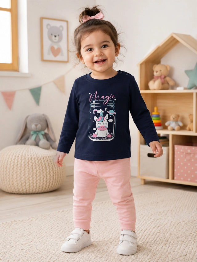 Baby Girls Shoulder Open T-Shirt Full Sleeves Casual Wear Top for Easy Dressing, Playtime and Regular Use