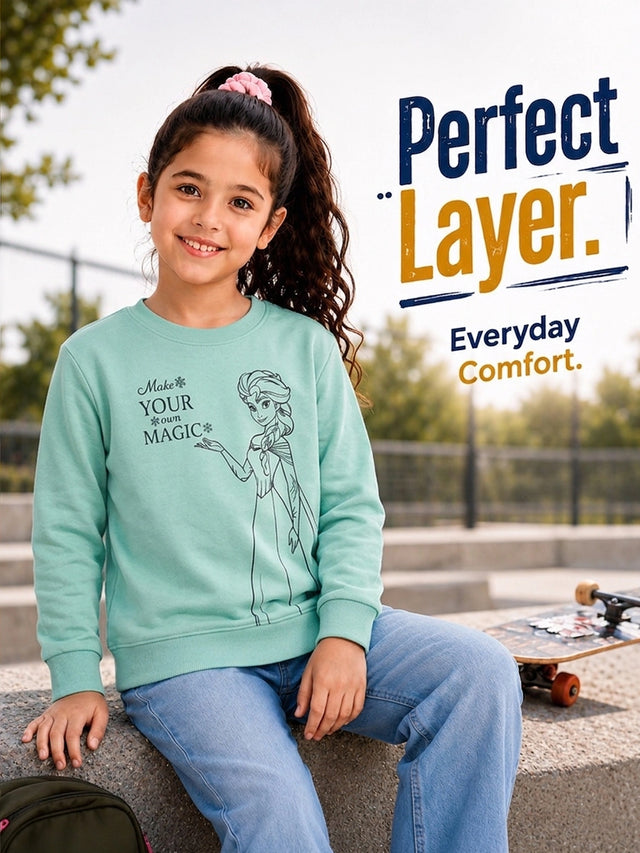 Girls Princess Printed Round Neck Sweatshirt with Full Sleeves for Casual Wear and Cool-Weather Comfort