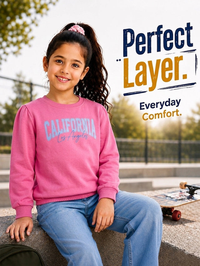 Girls Round Neck Full Sleeve Sweatshirt with Comfortable Casual Wear Styling for Winter Wear and Regular Use