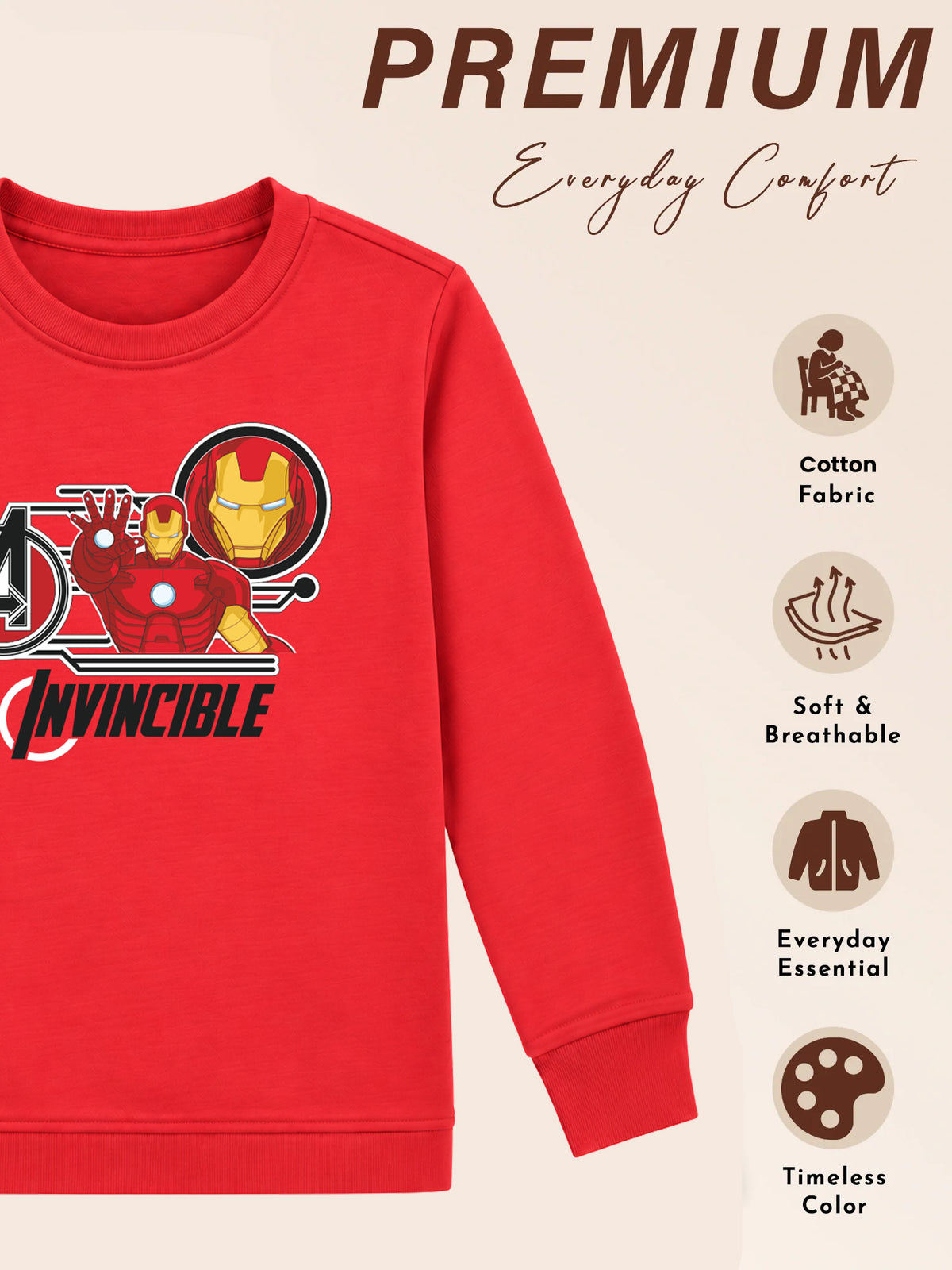 Boys Avengers Round Neck Full Sleeves Sweatshirt for Casual Wear, Lounge Comfort and Everyday Wardrobe Use