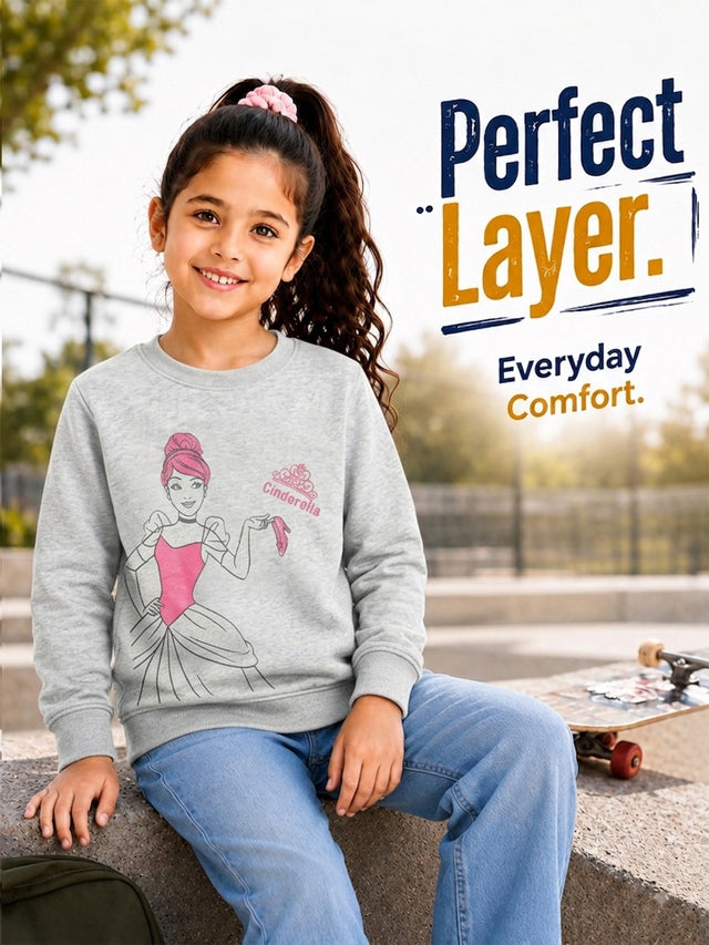 Girls Princess Printed Round Neck Sweatshirt with Full Sleeves for Casual Outfits and Everyday Comfort