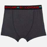 Boys dark grey boxer briefs with elastic waistband and red BODYCARE text, comfortable innerwear