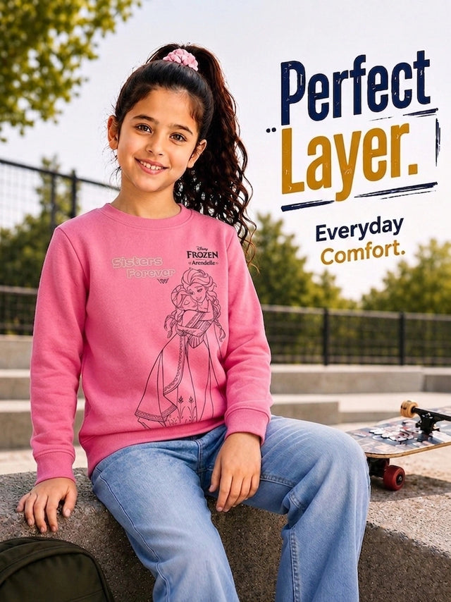 Girls Full Sleeves Princess Printed Sweatshirt with Round Neck for Everyday Casual Wear and Easy Comfort