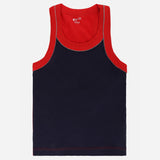 Kids sleeveless navy blue vest with red trim, comfortable innerwear on white background