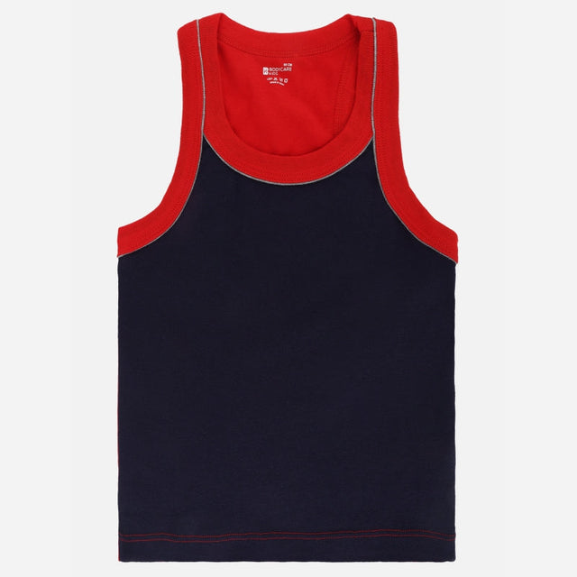 Kids sleeveless navy blue vest with red trim, comfortable innerwear on white background