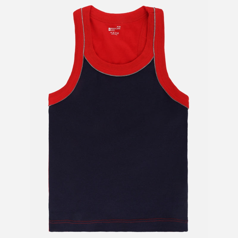 Kids sleeveless navy blue vest with red trim, comfortable innerwear on white background