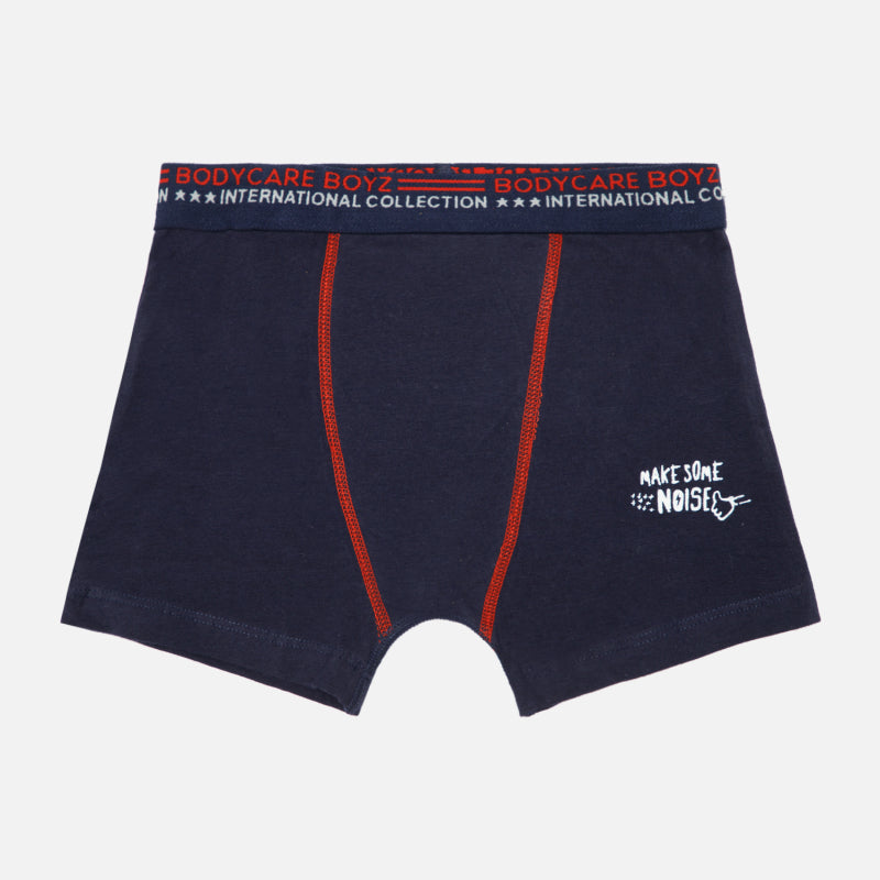 Boys' navy blue innerwear boxer with red stitching and 'Make Some Noise' print