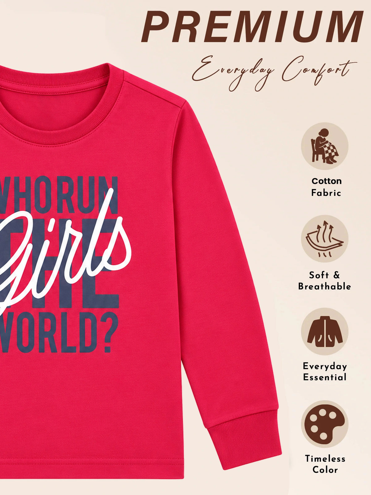 Girls Round Neck Full Sleeve T-Shirt for Casual Wear, Comfortable Coverage and Regular Wardrobe Use - Pack of 1