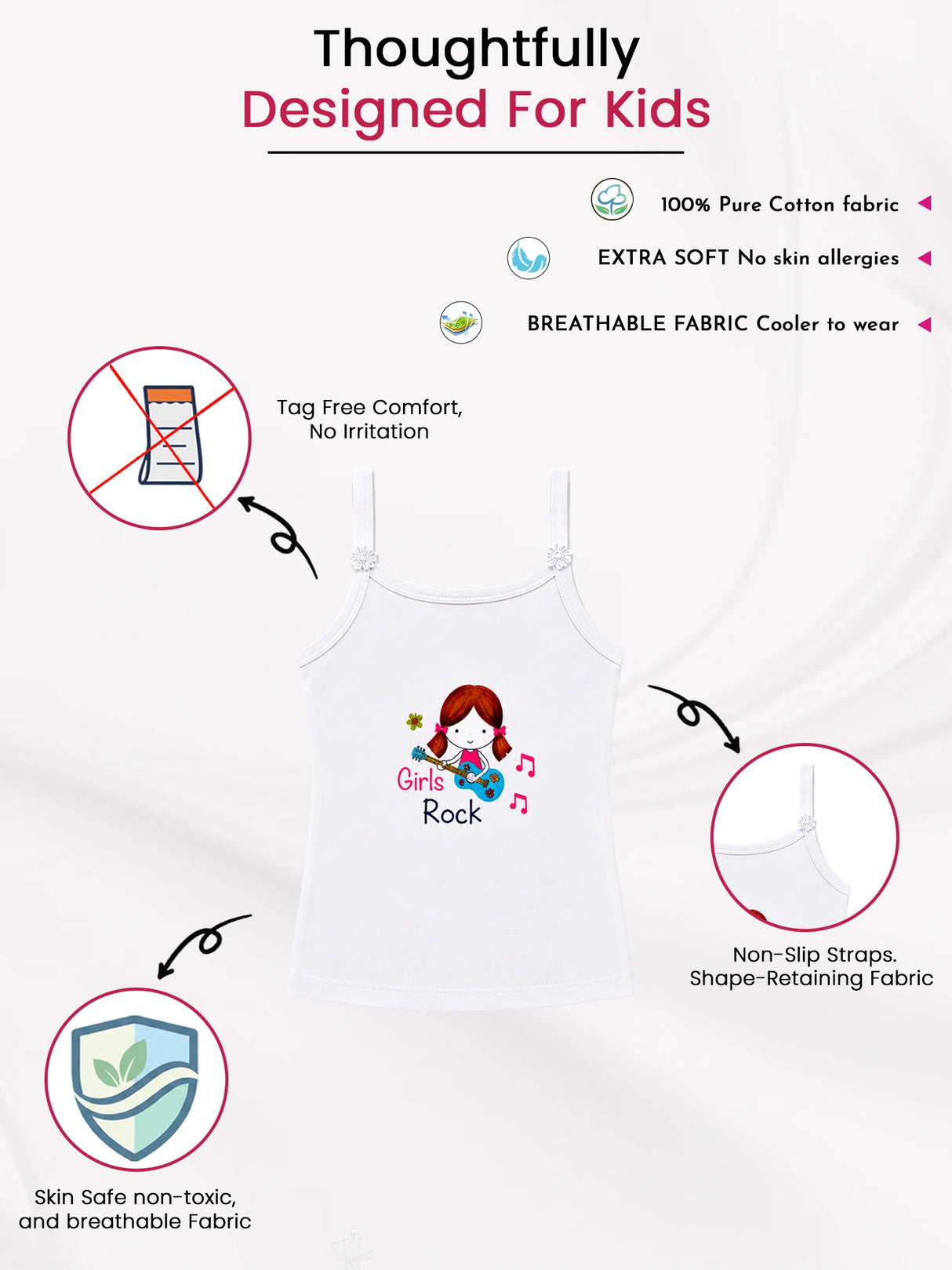 Girls 100% Cotton Printed Dori Neck Sleeveless Innerwear Vest for Everyday Comfort and Regular Use - Pack of 4