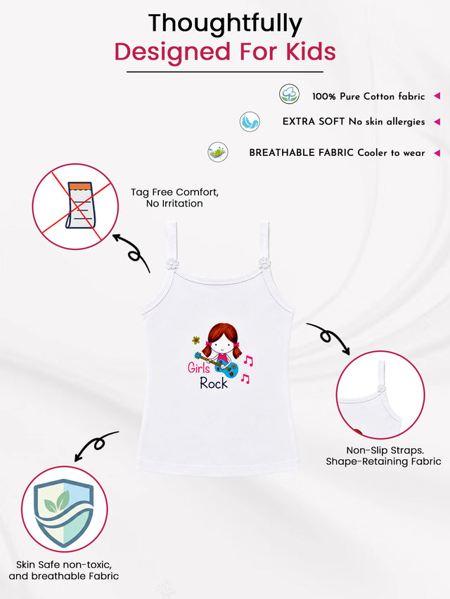 Girls 100% Cotton Printed Camisole Sleeveless Innerwear Vest for Everyday Comfort and Regular Use - Pack of 4
