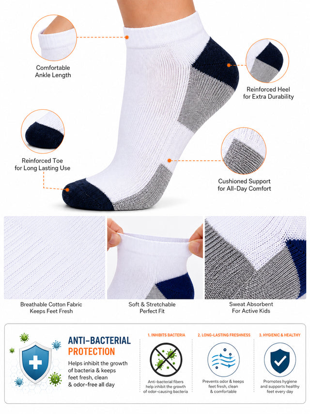 Boys Ankle Length Cotton Socks with Soft Stretchable Comfort, Moisture Wicking and Antibacterial Finish - Pack of 4