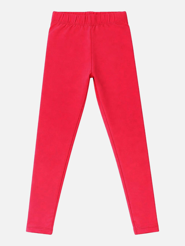 Bright red kids cotton leggings with elastic waistband, full length, plain design on white background