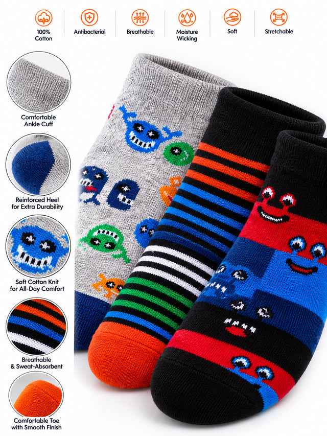 Boys Antibacterial Super Soft Socks for Everyday Comfort, Regular Wear and Casual Wardrobe Use - Pack of 3