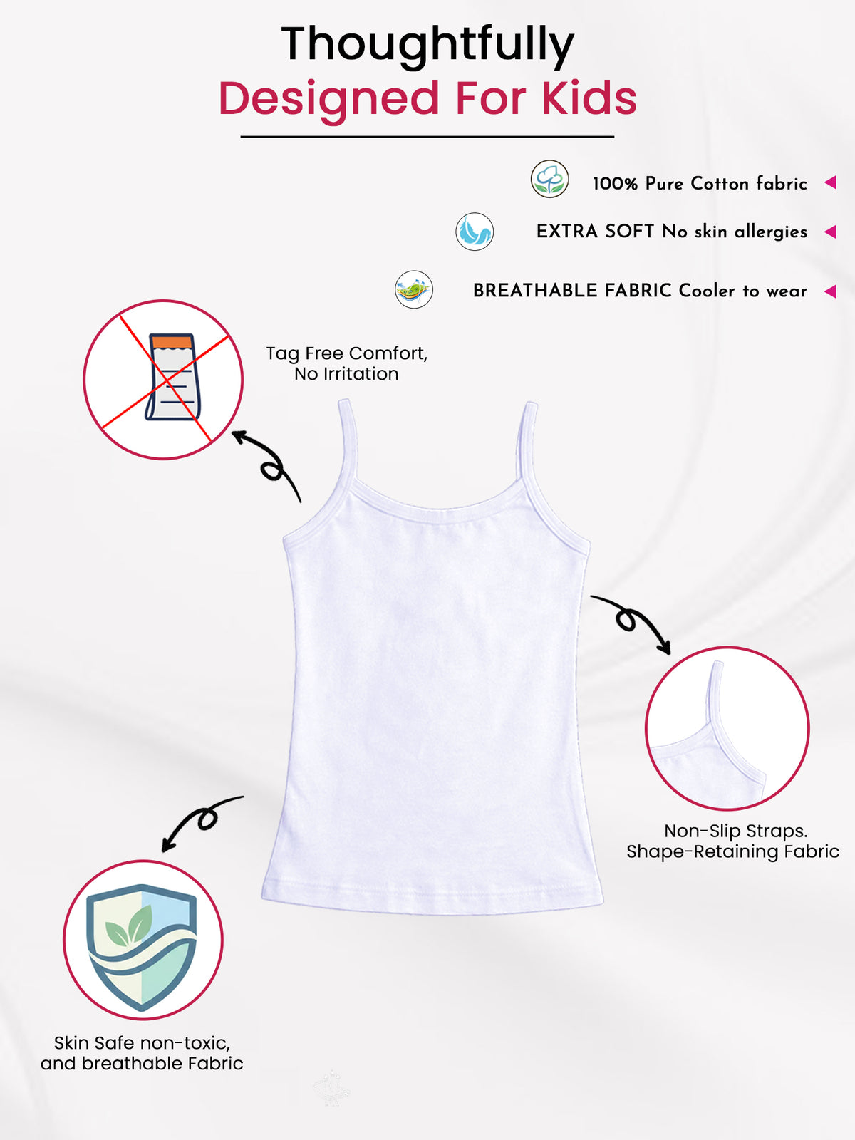 Girls Plain Vest 100% Cotton Sleeveless Innerwear Camisole and U-Neck Styling for Lightweight Comfort - Pack of 3