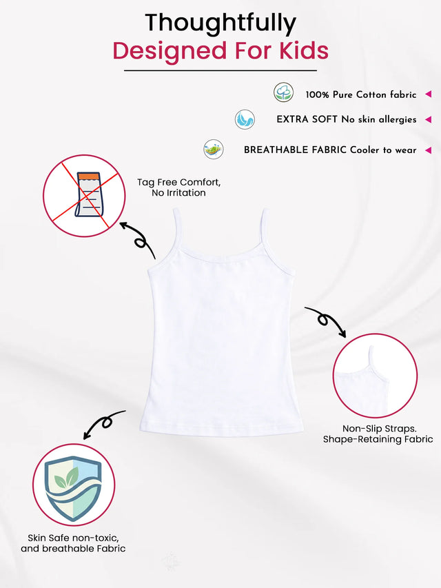 White cotton kids innerwear camisole with non-slip straps, breathable and skin-safe fabric, tag-free design.