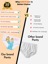 Comparison of kids' panties, featuring a colorful girls' cartoon-print panty versus a plain white panty, highlighting benefits like flexible fit, gentle on skin, and no scratchy tags for the featured brand.