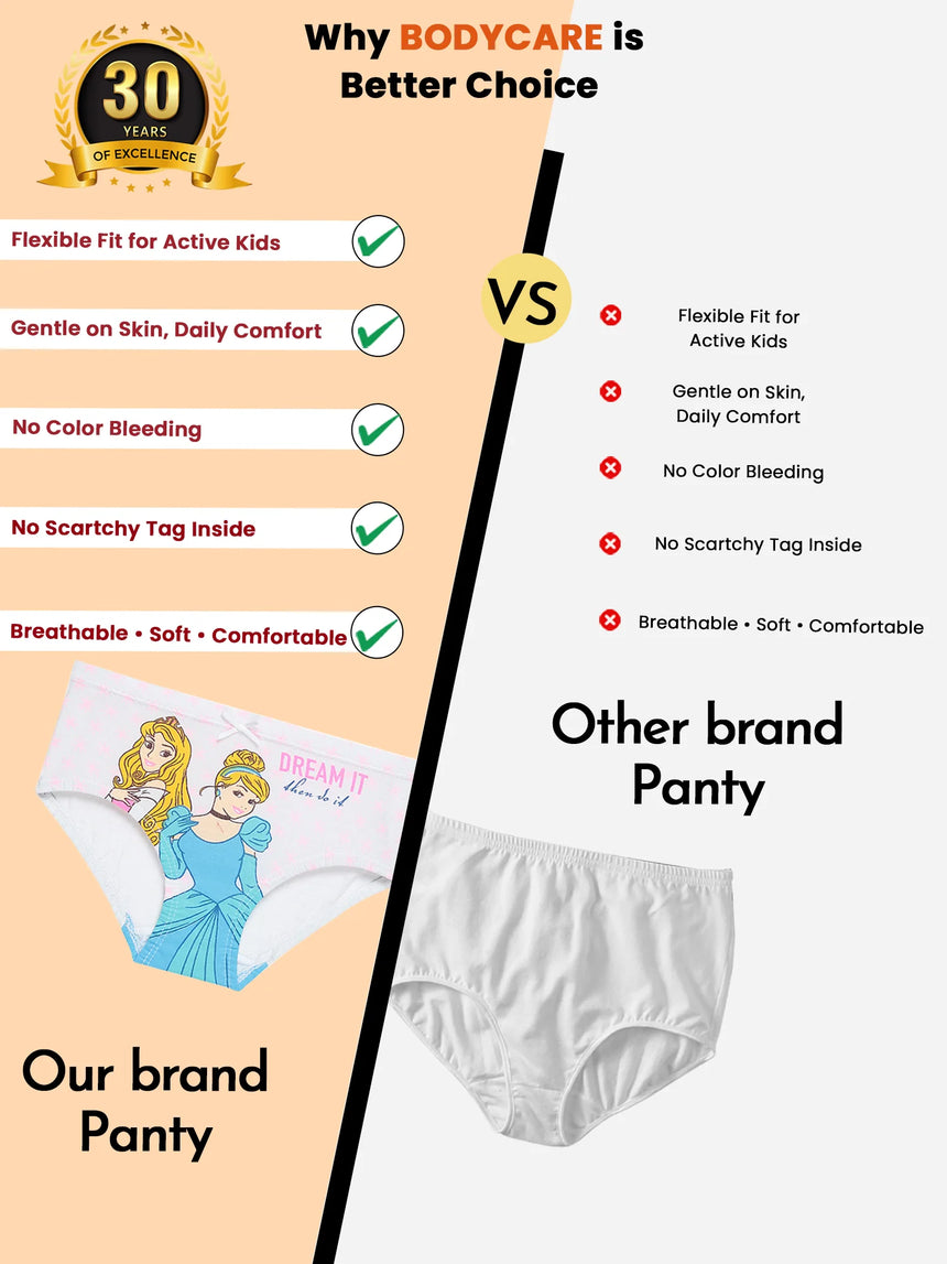 Comparison of kids' panties, featuring a colorful girls' cartoon-print panty versus a plain white panty, highlighting benefits like flexible fit, gentle on skin, and no scratchy tags for the featured brand.