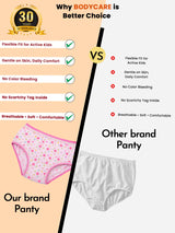 Comparison chart of kids' panties highlighting pink floral panty with comfort, flexibility, no color bleeding, and tag-free features versus a plain white panty.