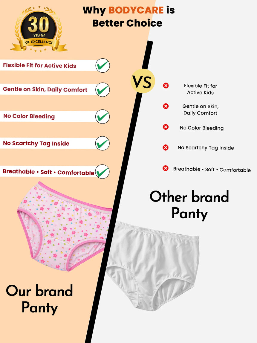 Comparison chart of kids' panties highlighting pink floral panty with comfort, flexibility, no color bleeding, and tag-free features versus a plain white panty.