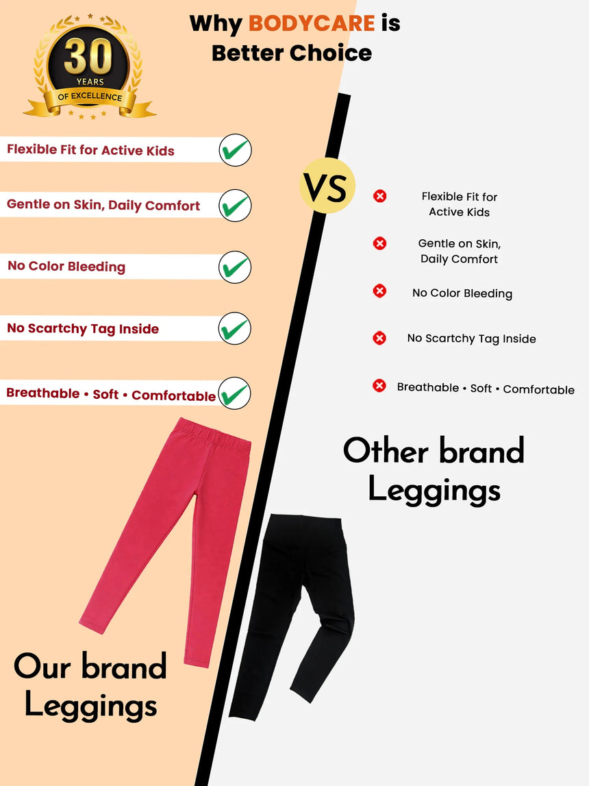 Comparison chart of pink kids leggings vs black leggings, highlighting features like flexible fit, gentle on skin, and daily comfort benefits.