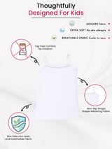 White kids' sleeveless innerwear vest with non-slip straps, extra soft, breathable, skin-safe fabric.