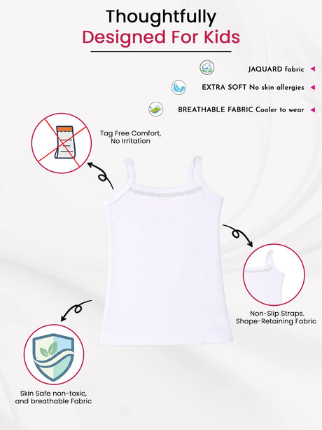 White kids' sleeveless innerwear vest with non-slip straps, extra soft, breathable, skin-safe fabric.