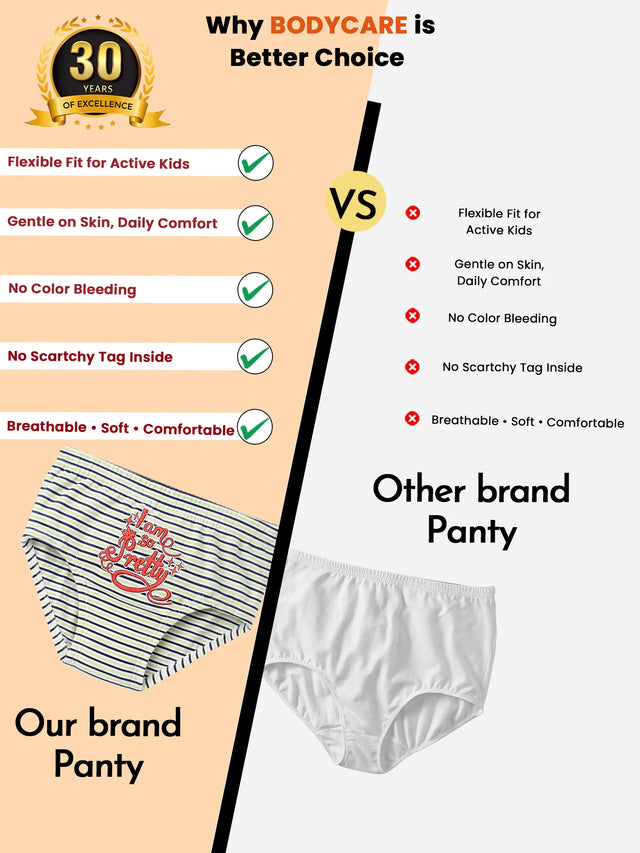 Comparison of kids striped panty with comfortable fit, breathable soft fabric, versus plain white panty.