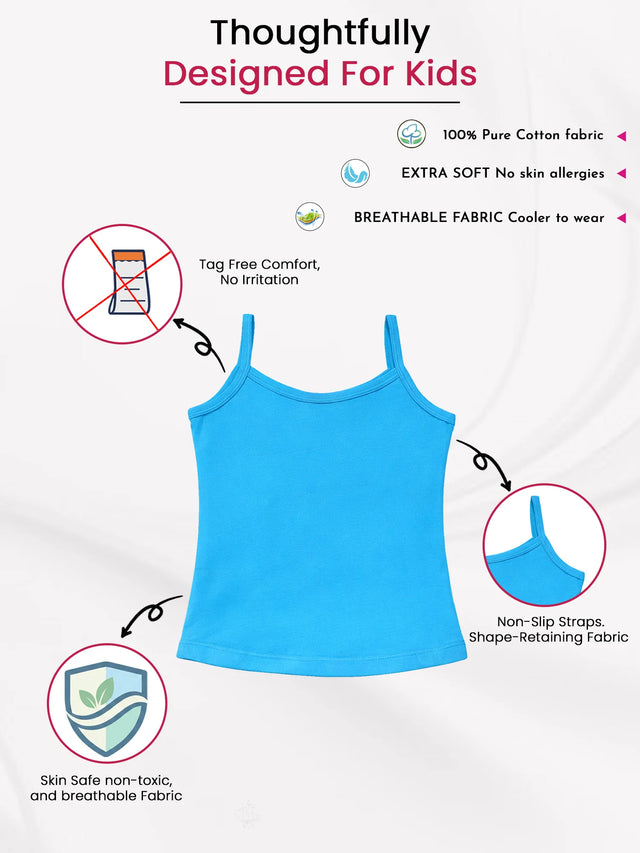 Blue kids cotton camisole with non-slip straps, tag-free comfort, breathable and extra soft fabric features highlighted.