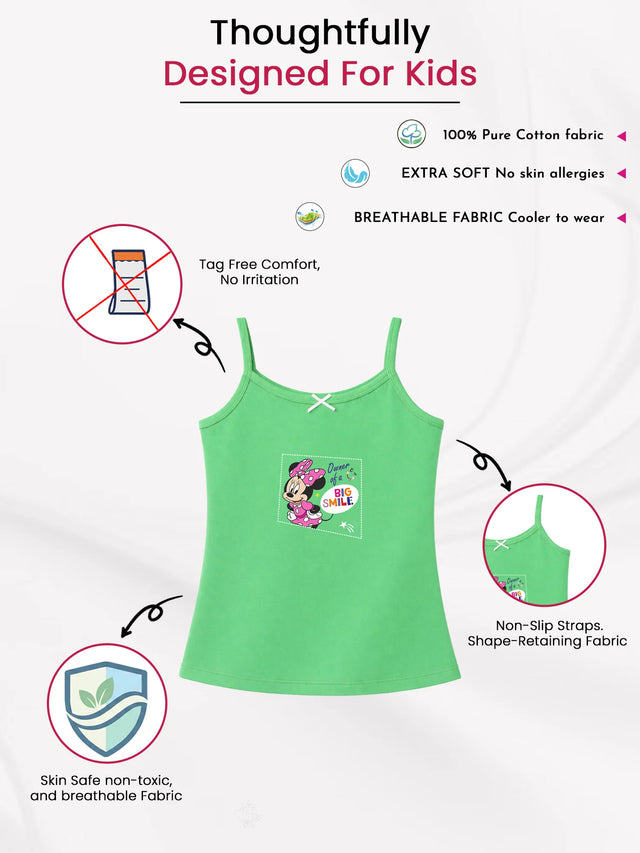 Green cotton kids camisole with cartoon print, breathable, soft fabric, non-slip straps