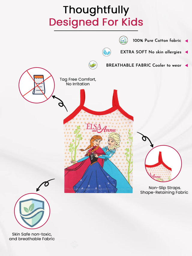 Kids cotton camisole with Elsa and Anna print, red straps, breathable and skin-safe fabric features.