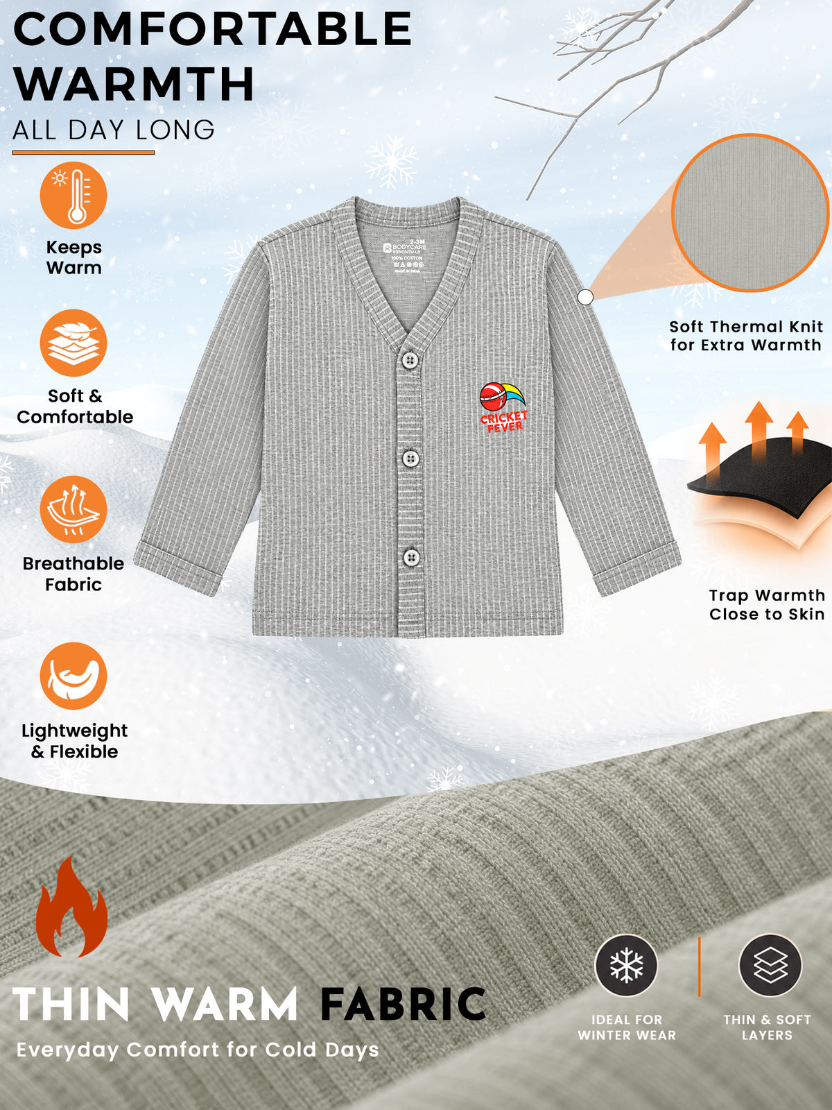 Unisex Baby Cotton Thermal Front Open Full Sleeves Top for Warm Winter Innerwear and Cold-Weather Comfort