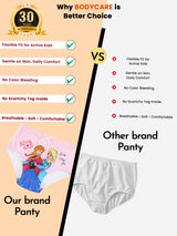 Comparison of colorful kids cartoon-print panty versus plain white panties, highlighting benefits like flexible fit, softness, and comfort for children.