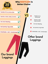 Comparison of red kids' leggings with comfort and softness benefits versus black leggings from another brand.
