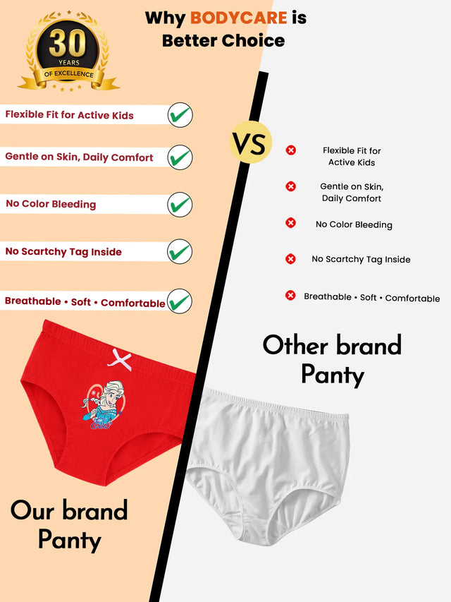 Comparison of kids' red printed cotton panty versus plain white panty, highlighting flexible fit, comfort, softness, and features ideal for active kids.