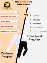 Comparison of kids leggings features, showing white and black leggings, benefits like flexible fit, gentle on skin, and breathable fabric.